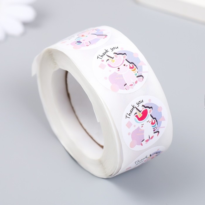 Наклейка бумага Наклейка бумага "Единорог. Благодарность" d=2,5 см 500 шт в рулоне 3х6,5х6,5 см