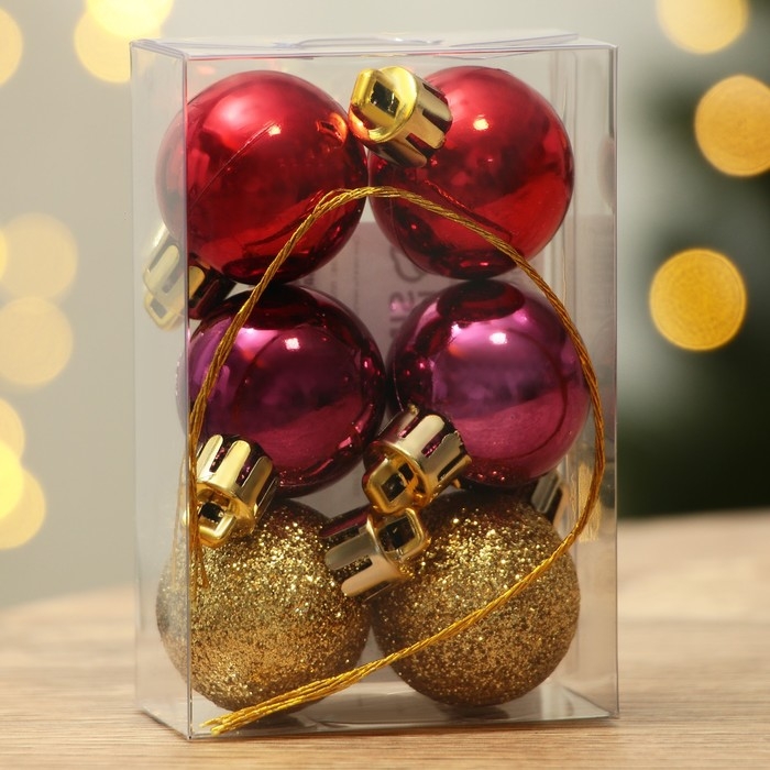 Шары ёлочные новогодние, на Новый год, пластик, d=3 см, 6 шт., цвет золотой, винный и красный Шары ёлочные новогодние, на Новый год, пластик, d=3 см, 6 шт., цвет золотой, винный и красный