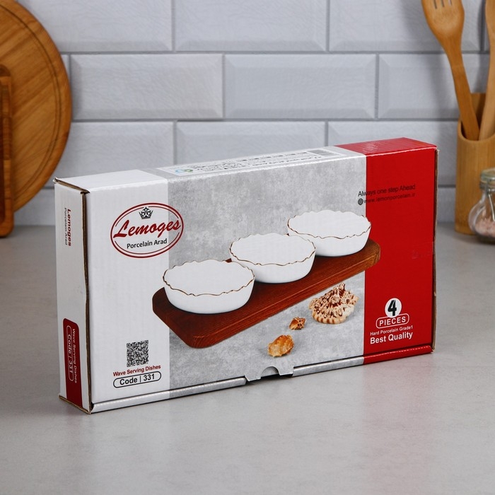 Менажница «Морская», 3 шт: 200 мл, деревянное основание, фарфор, Иран Менажница «Морская», 3 шт: 200 мл, деревянное основание, фарфор, Иран