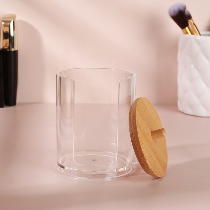 Органайзер для ватных дисков &laquo;BAMBOO&raquo;, с крышкой, 7 &times; 7 &times; 10,1 см, цвет прозрачный/коричневый