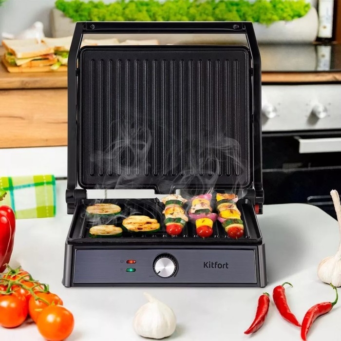 Гриль электрический Kitfort КТ-1699, 2000 Вт, антипригарное покрытие, 29х24 см, чёрный