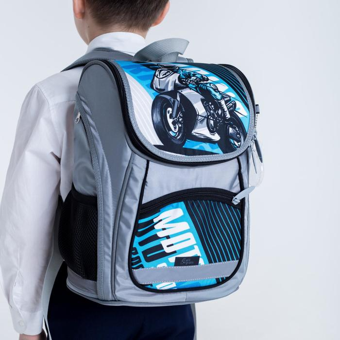 Ранец школьный Стандарт, 36 х 26 х 16 см, + мешок для обуви 40 х 32 см, Сalligrata П "Мото", серый