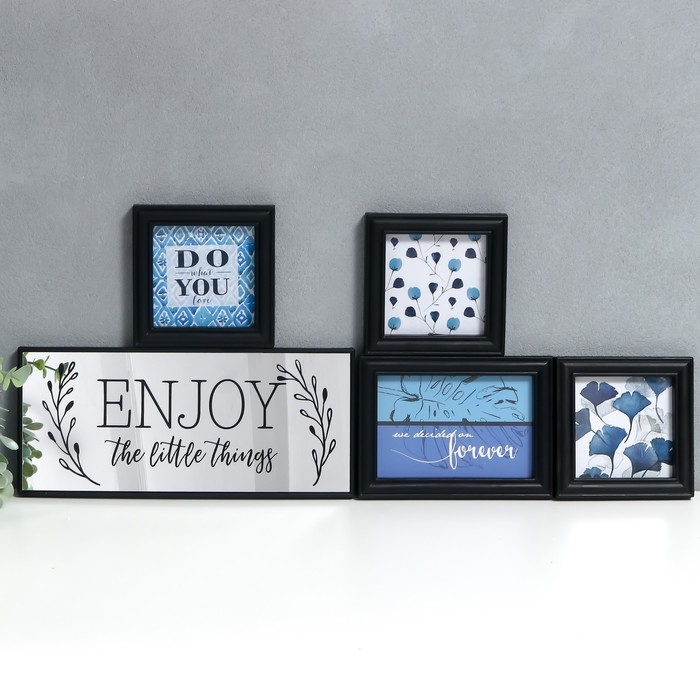 Фоторамка на 4 фото 10х10, 10х15 см+зеркало Фоторамка на 4 фото 10х10, 10х15 см+зеркало "Наслаждайся мелочами" чёрная н-р 5 шт 26х44 см