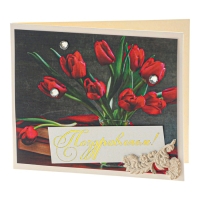 Открытка "Поздравляем!" ручная работа, тюльпаны, 8 х 9 см