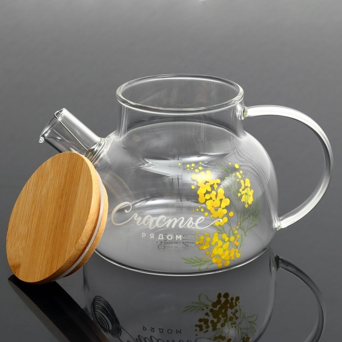 Чайник стеклянный заварочный с бамбуковой крышкой &laquo;Счастье рядом. Нежная мимоза&raquo;, 800 мл