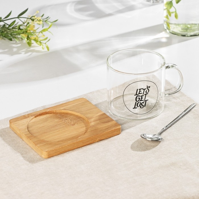 Кружка стеклянная с ложкой на деревянной подставке &laquo;Котик&raquo;, 300 мл, рисунок МИКС