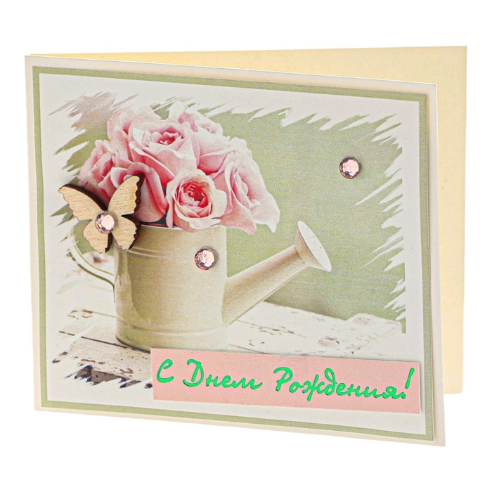 Открытка "С Днём Рождения!" ручная работа, розовые розы, 8 х 9 см