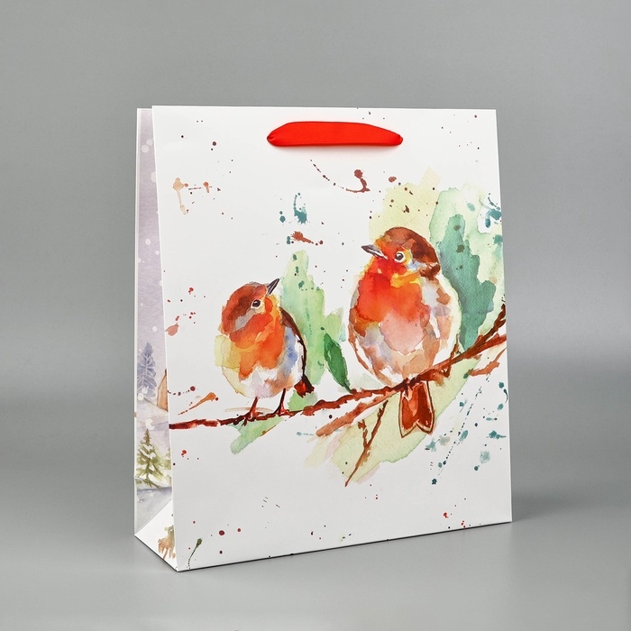 Пакет подарочный новогодний ламинированный &laquo;Пение птиц&raquo;, M 30 х 26 х 9 см