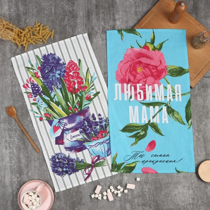 Набор кухонных полотенец Доляна &laquo;Цветочная радость&raquo; 35х60см-2шт, 100% хлопок