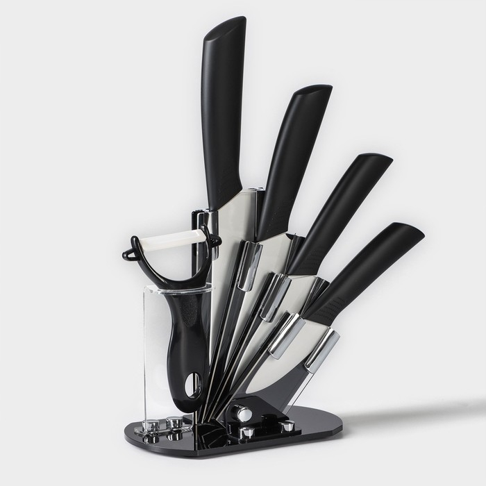 Набор кухонный на подставке Доляна &laquo;Симпл&raquo;, 5 предметов: ножи 7,5 см, 10,5 см, 13,5 см, 15 см, овощечистка, цвет чёрный