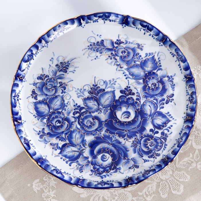 Тарелка для торта «Цветок», гжель, золото Тарелка для торта «Цветок», гжель, золото