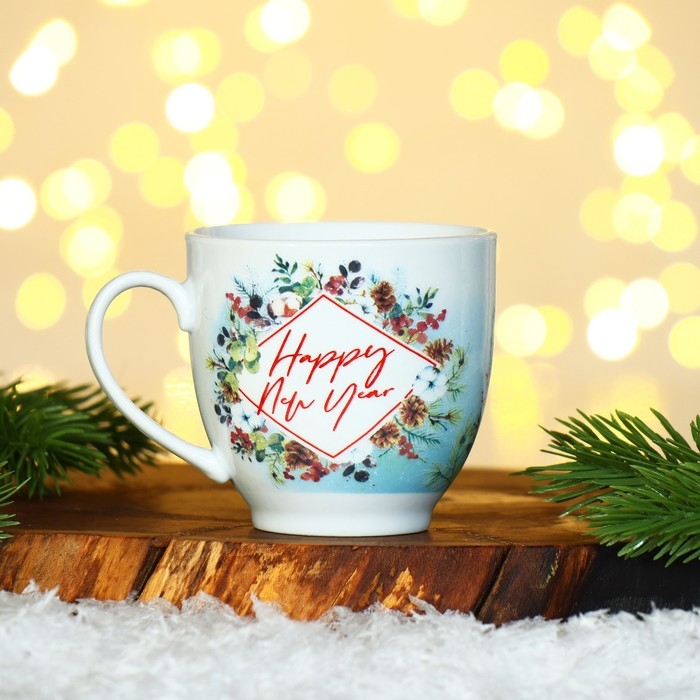 Новый год. Набор из керамики Happy New year, кружка 180 мл, 2 шт, ложка 2 шт, цвет белый