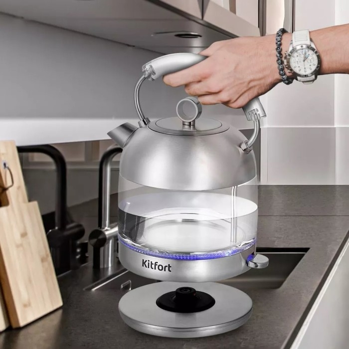 Чайник электрический Kitfort КТ-6630, стекло, 1.7 л, 2200 Вт, серебристый Чайник электрический Kitfort КТ-6630, стекло, 1.7 л, 2200 Вт, серебристый