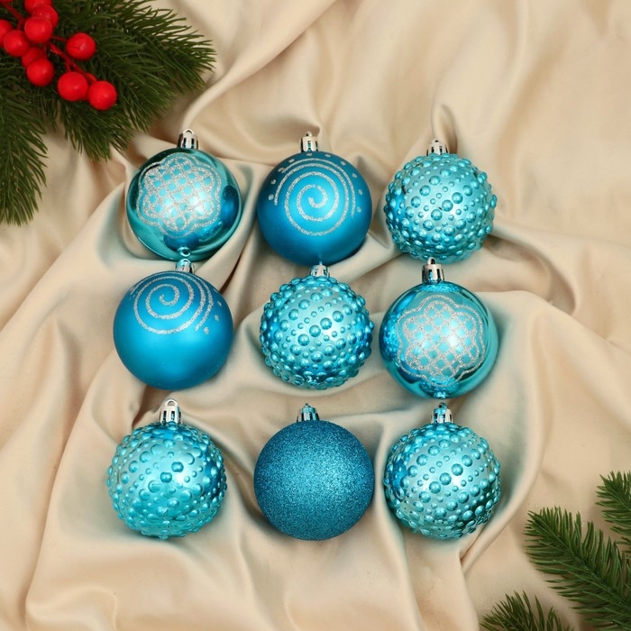 Набор шаров пластик d-6 см, 9 шт "Адель" завитки, голубой