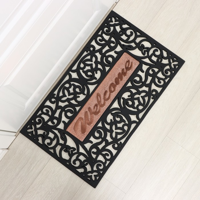 Коврик придверный узорный Доляна &laquo;Welcome. Вензель&raquo;, 45&times;75 см, цвет чёрный