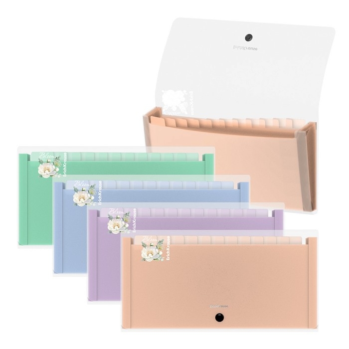 Папка-картотека, 260 х 138 мм (Travel), 12 отделений, 550 мкм, ErichKrause Папка-картотека, 260 х 138 мм (Travel), 12 отделений, 550 мкм, ErichKrause "Matt Pastel Bloom", на кнопке, тиснение "песок", микс