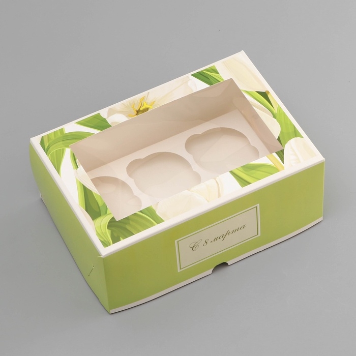 Коробка для 6 капкейков с окном , Коробка для 6 капкейков с окном , "8 марта", 25 х 17 х 10 см, кондитерская упаковка
