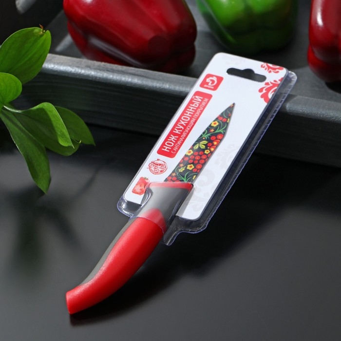 Нож кухонный с антиналипающим покрытием Доляна &laquo;Русский узор&raquo;, лезвие 8 см