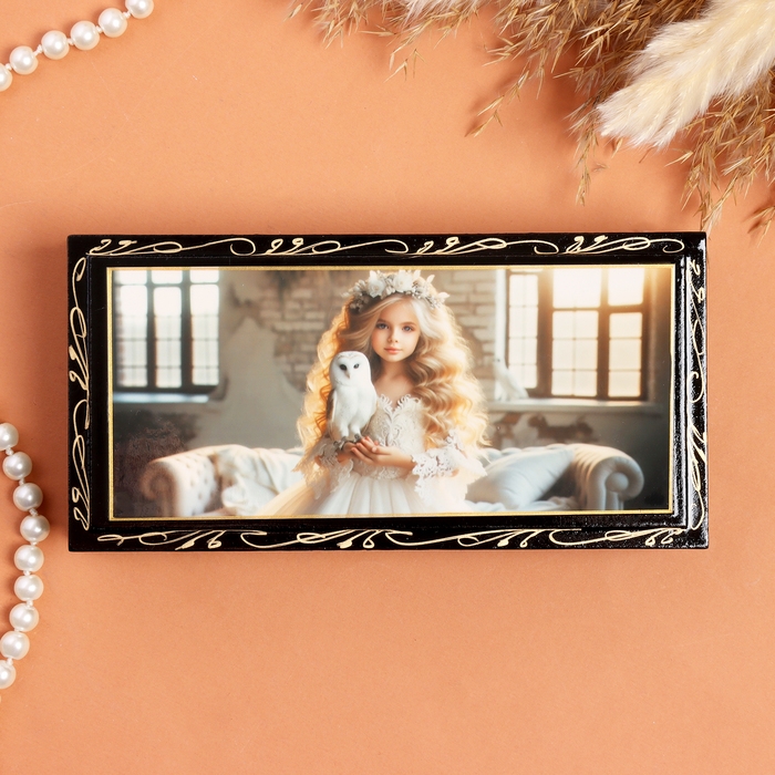 Шкатулка &laquo;Девочка с белой совой&raquo;, черная, 8,5&times;17 см, лаковая миниатюра