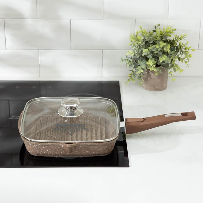 Сковорода-гриль &laquo;Гранит&raquo;, 24&times;24 см, съёмная ручка, стеклянная крышка, антипригарное покрытие, цвет коричневый