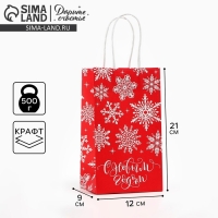 Пакет подарочный новогодний &laquo;Снежинки&raquo;, белый крафт, 12 х 21 х 9 см , Новый год