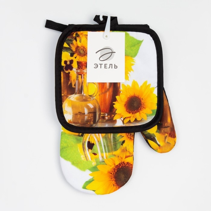Кухонный набор 2 прихватки Этель &laquo;Подсолнухи&raquo; , прихватка 17х17 см, варежка 24х16 см, 100% п/э