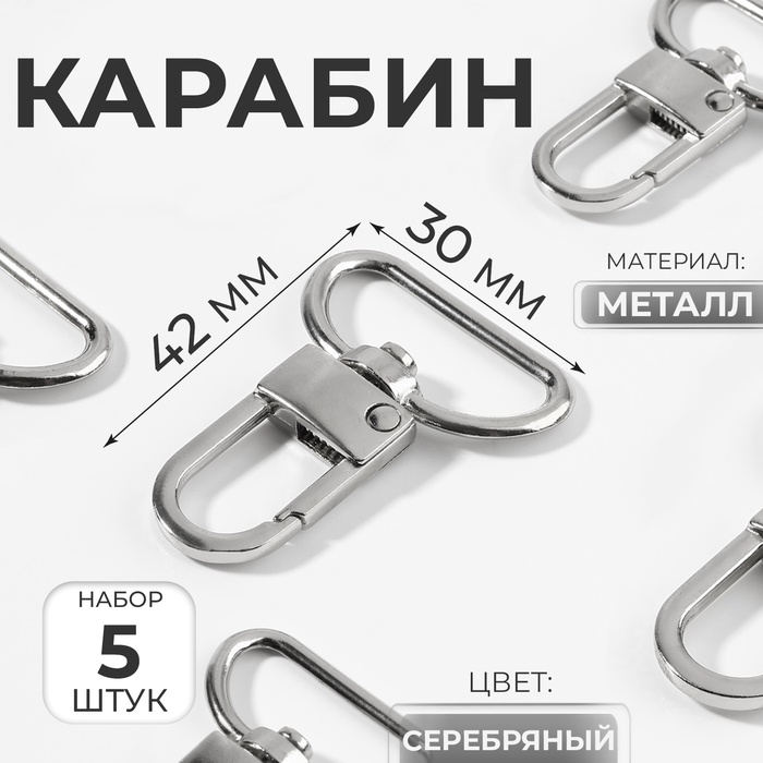 Карабин металлический, 42 &times; 30 мм / 25 &times; 2,5 мм, 5 шт, цвет серебряный