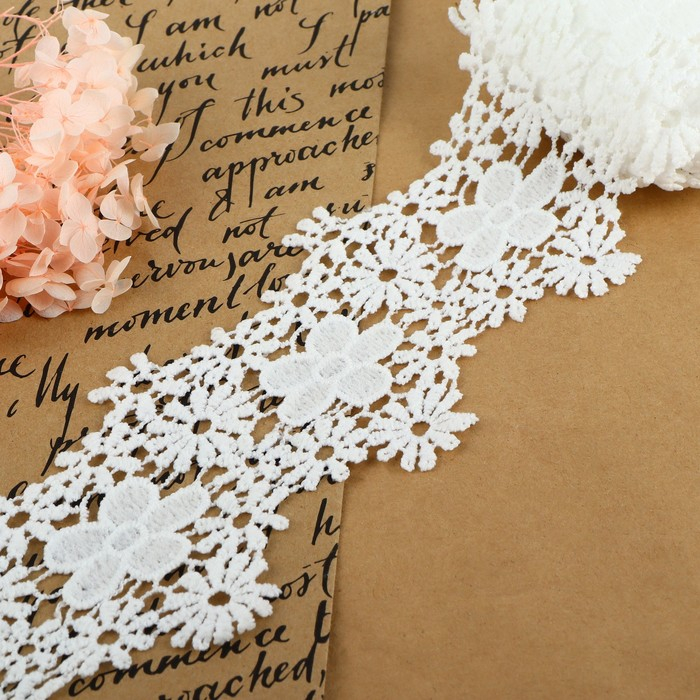 Кружево гипюровое, 80 мм &times; 9 &plusmn; 0,5 м, цвет белый