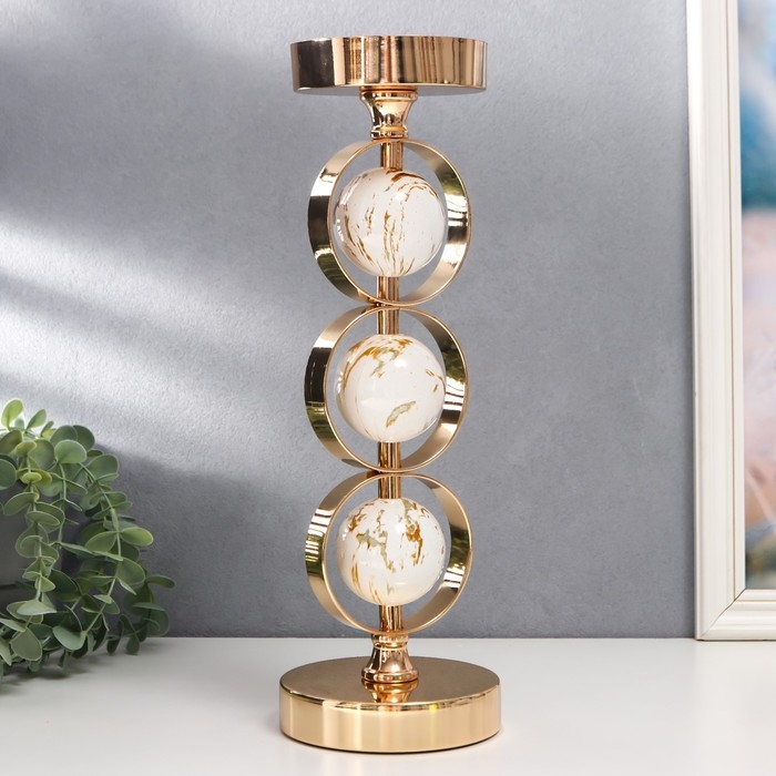 Подсвечник металл на 1 свечу Подсвечник металл на 1 свечу "Три белых мраморных шара в сферах" золото 37х12х12 см