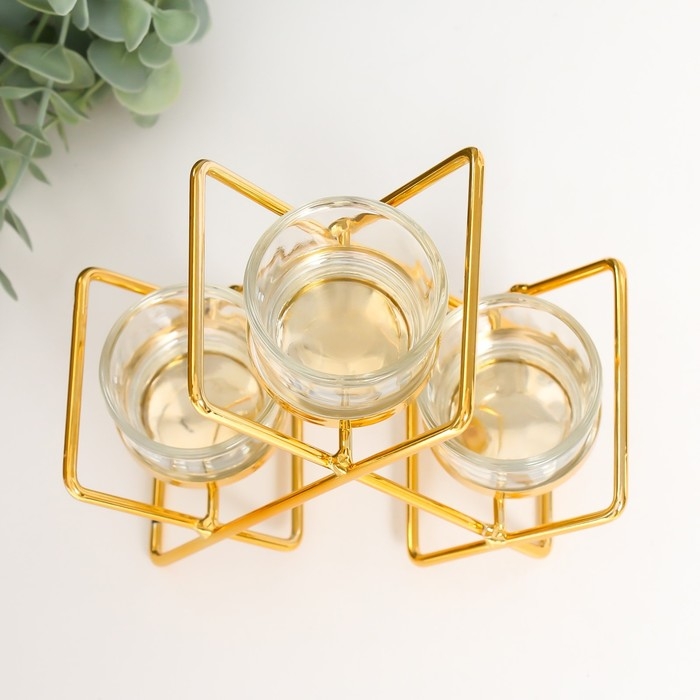 Подсвечник металл, стекло на 3 свечи "Пересечения" d-4,5 см золото 14х6х16 см