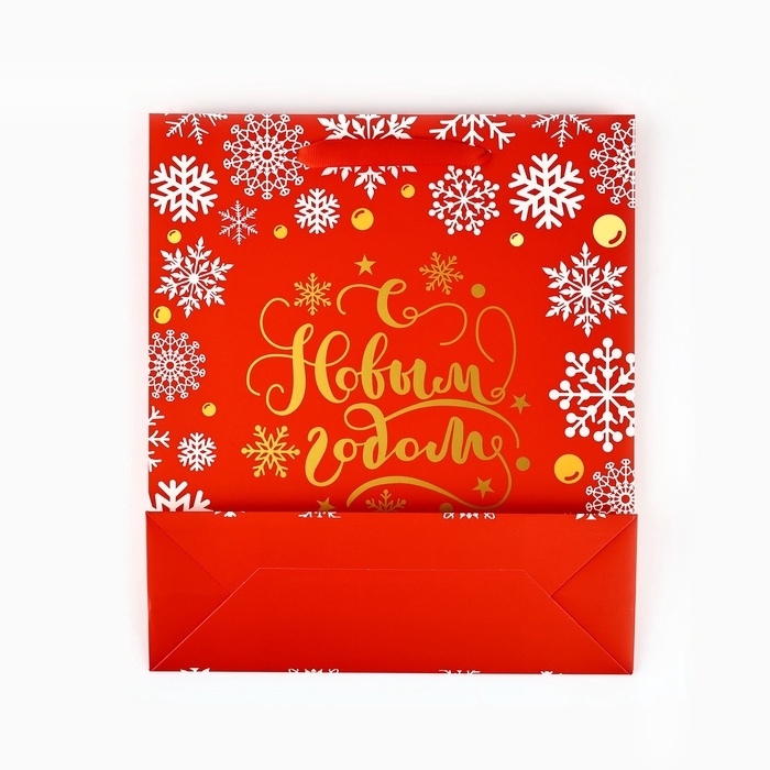 Пакет подарочный новогодний ламинированный &laquo;Золотые снежинки&raquo;, тиснение, M 30 х 26 х 9 см, Новый год
