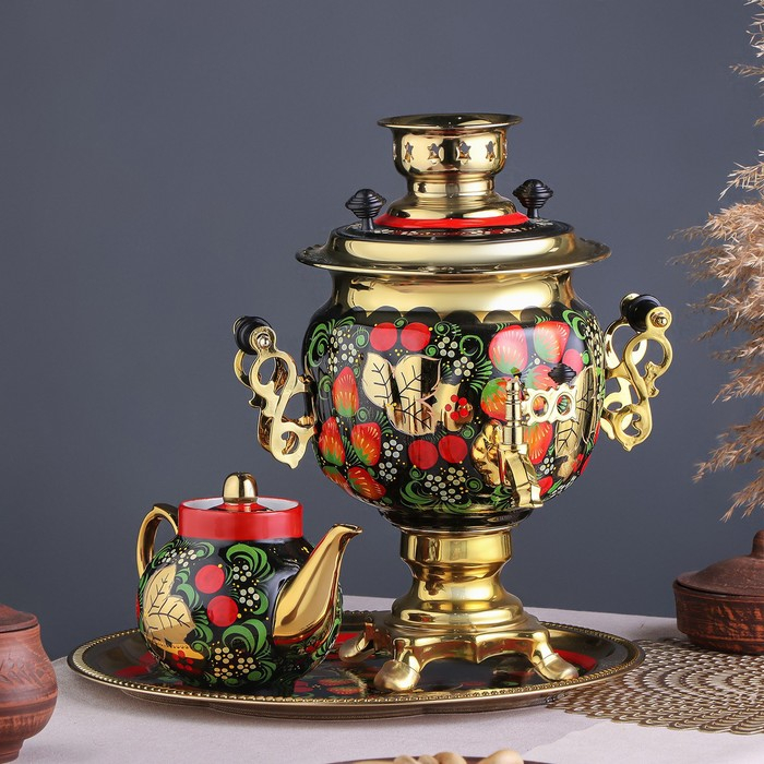 Набор &laquo;Хохлома&raquo;, овал, 3 предмета, самовар 3 л, заварочный чайник 0,7 л, поднос