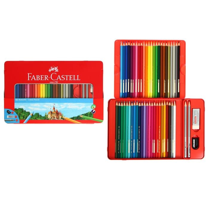 Карандаши 48 цвета Faber-Castell "Замок", трёхгранный корпус, 2 чернографитных карандаша , с ластиком, в металлическом пенале