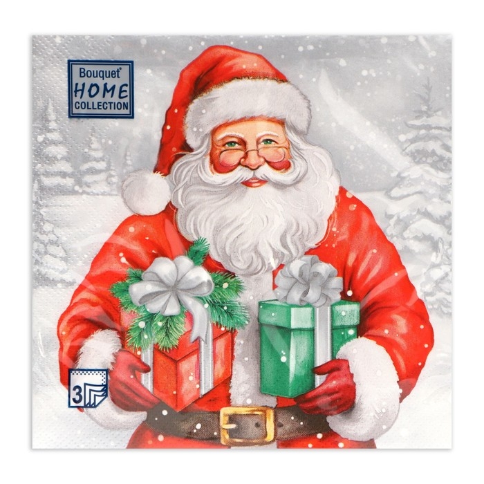 Новогодние салфетки бумажные Home Collection «Дедушка Мороз с подарками», 3 слоя, 33х33 см, 20 шт Новогодние салфетки бумажные Home Collection «Дедушка Мороз с подарками», 3 слоя, 33х33 см, 20 шт