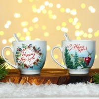Новый год. Набор из керамики Happy New year, кружка 180 мл, 2 шт, ложка 2 шт, цвет белый Новый год. Набор из керамики Happy New year, кружка 180 мл, 2 шт, ложка 2 шт, цвет белый