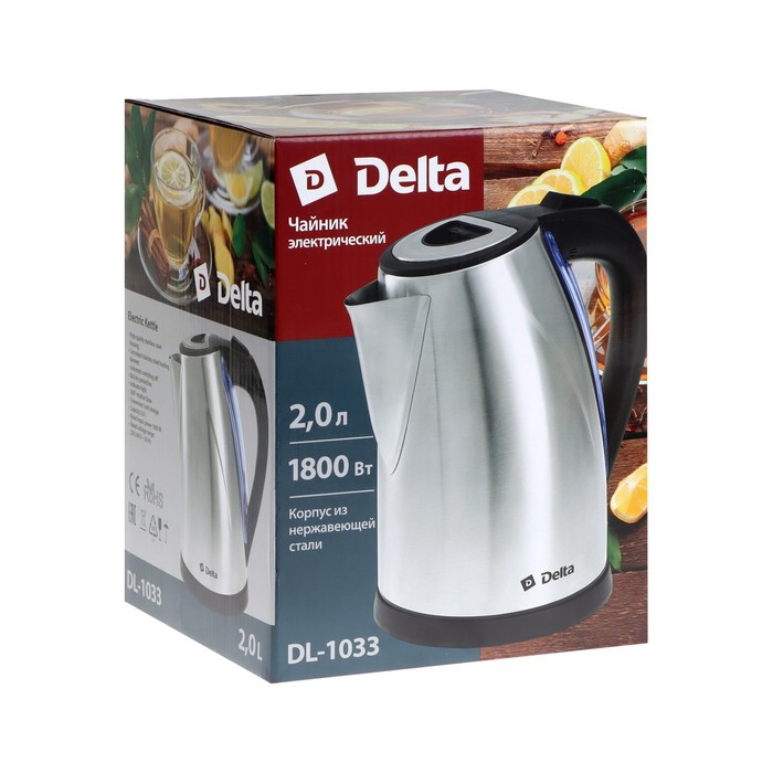 Чайник электрический DELTA DL-1033, металл, 2 л, 1800 Вт, серебристый Чайник электрический DELTA DL-1033, металл, 2 л, 1800 Вт, серебристый