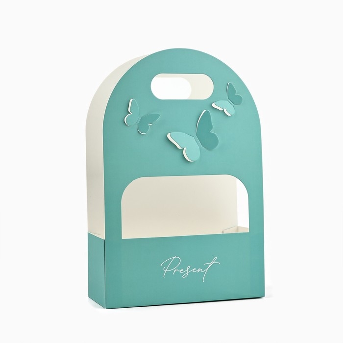 Переноска для цветов с вырезными бабочками «Подарок!», тиффани 20 × 30 × 8 см Переноска для цветов с вырезными бабочками «Подарок!», тиффани 20 × 30 × 8 см