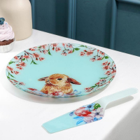 Тортовница стеклянная с лопаткой Доляна &laquo;Кролик&raquo;, d=30 см, лопатка 26,5&times;7&times;2 см