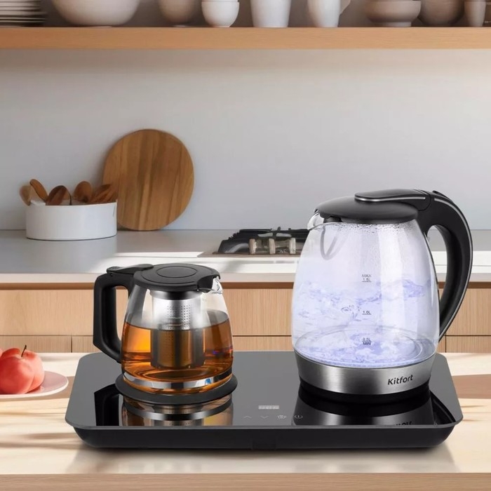 Чайный набор Kitfort КТ-6609, стекло, 1.7/1 л, 2200 Вт, регулировка t&deg;, дисплей, чёрный