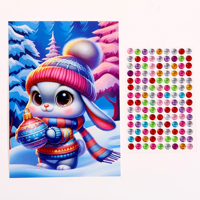 Аппликация стразами на новый год для детей &laquo;Зайка&raquo;, А6, новогодний набор для творчества