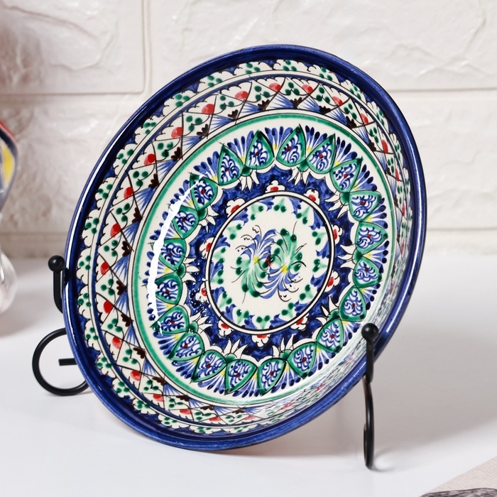 Тарелка Риштанская Керамика "Узоры", синяя, глубокая, 20 см