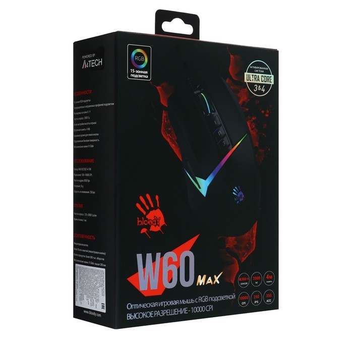 Мышь A4Tech Bloody W60 Мах, игровая, проводная, 10000 dpi, USB, черная Мышь A4Tech Bloody W60 Мах, игровая, проводная, 10000 dpi, USB, черная