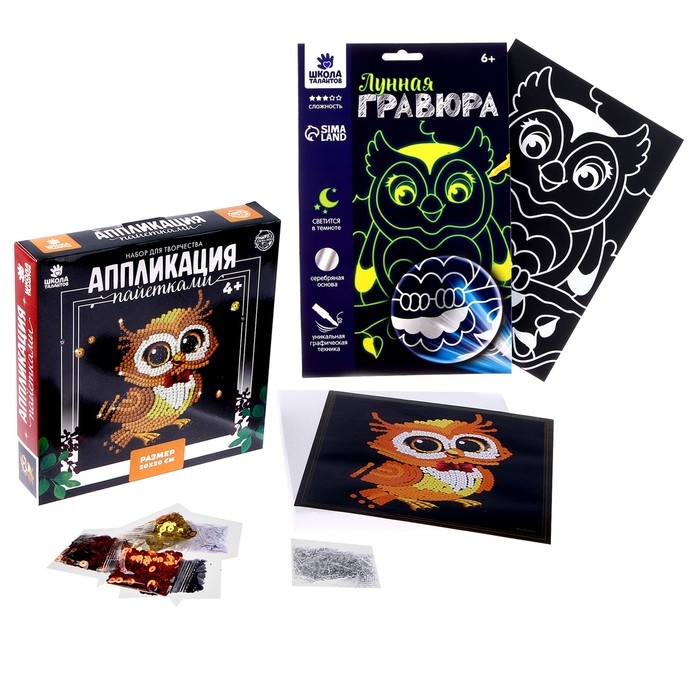 Набор для творчества: лунная гравюра детская и аппликация пайетками &laquo;Сова&raquo;