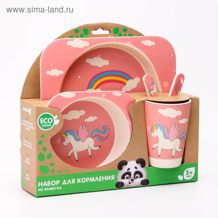 Набор бамбуковой посуды &laquo;Единорог&raquo;, тарелка, миска, стакан, приборы, 5 предметов