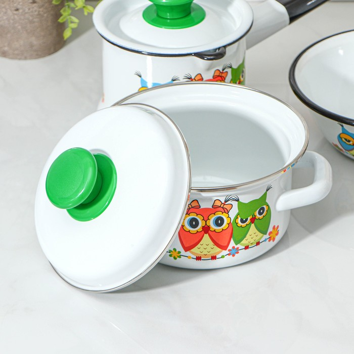 Набор посуды &laquo;Совушки&raquo;, 4 предмета: кружка 250 мл, миска 800 мл, ковш 1 л, кастрюля 1 л, индукция