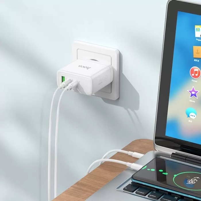 Сетевое зарядное устройство Hoco N30, USB/2Type-C, 3 A, белое Сетевое зарядное устройство Hoco N30, USB/2Type-C, 3 A, белое