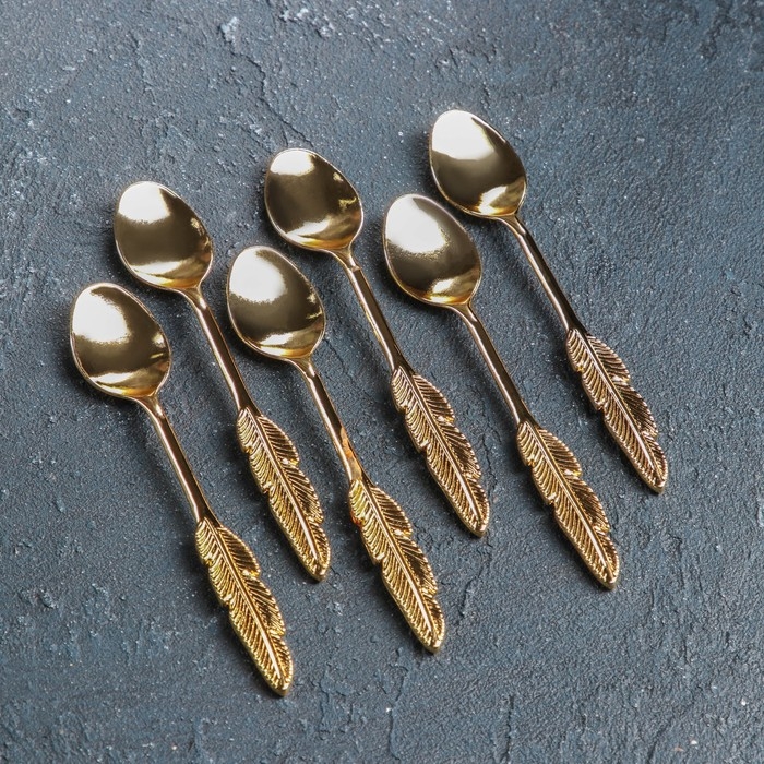Набор ложек чайных &laquo;Перо&raquo;, длина 12 см, 6 шт, цвет золотой