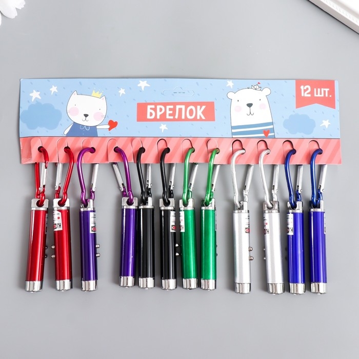 Фонарик+лазер на карабине 2 режима Фонарик+лазер на карабине 2 режима "Металлик" МИКС 9,2х1,3х1,3 см