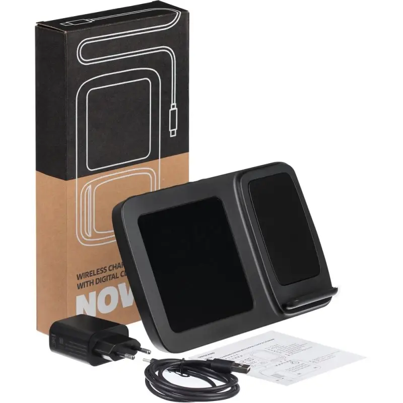 Станция беспроводной зарядки с часами и календарем и подсветкой лого Novem, черная