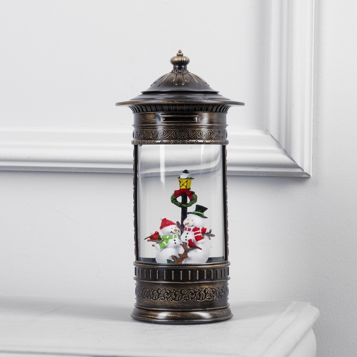 Светодиодная фигура &laquo;Фонарь со снеговиками&raquo; 14 &times; 27 &times; 14 см, пластик, батарейки ААх3 (не в комплекте), USB, свечение тёплое белое